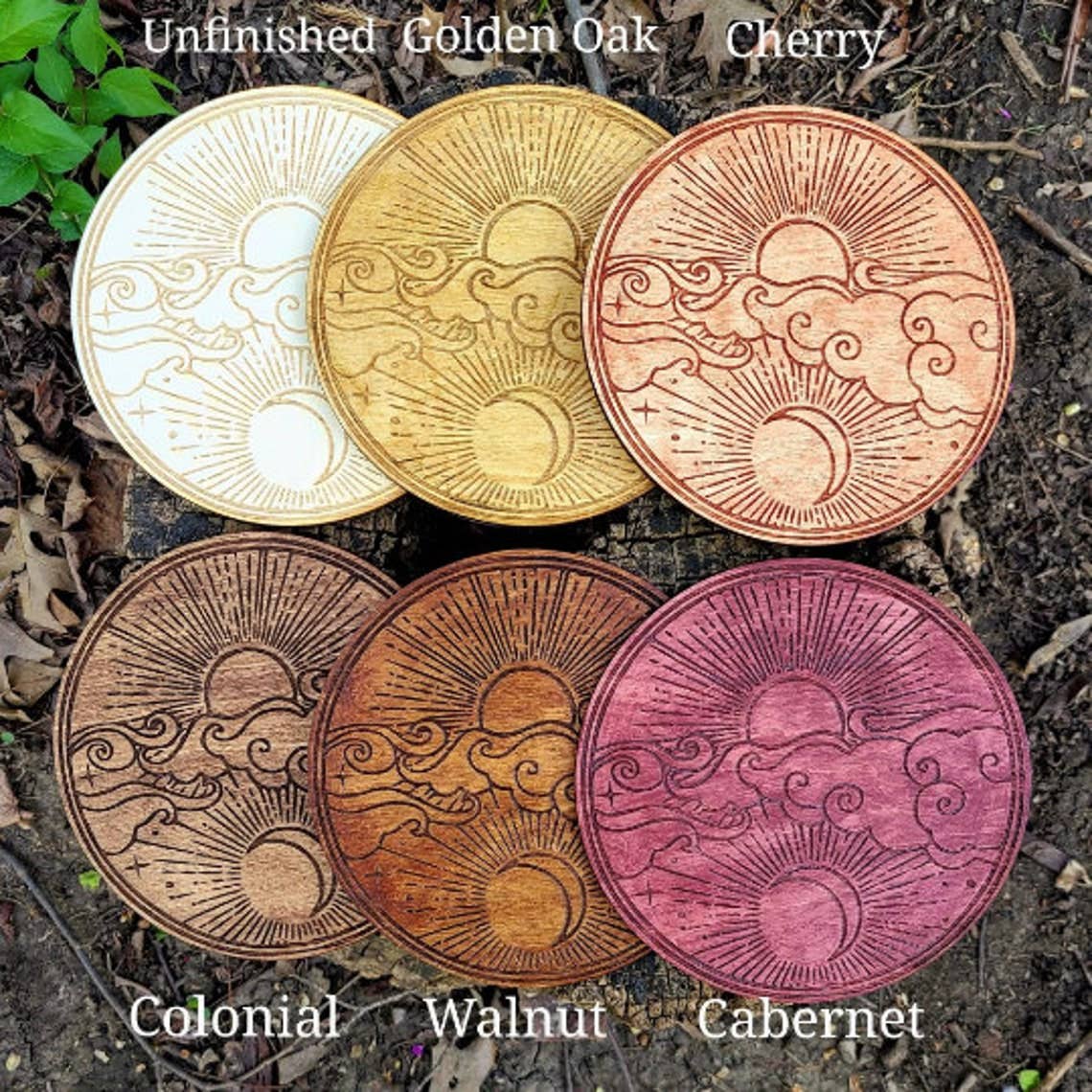 Artemis Deer Crystal Grid Laser Engraved Wood Altar Plate: Assorted Stain Colors