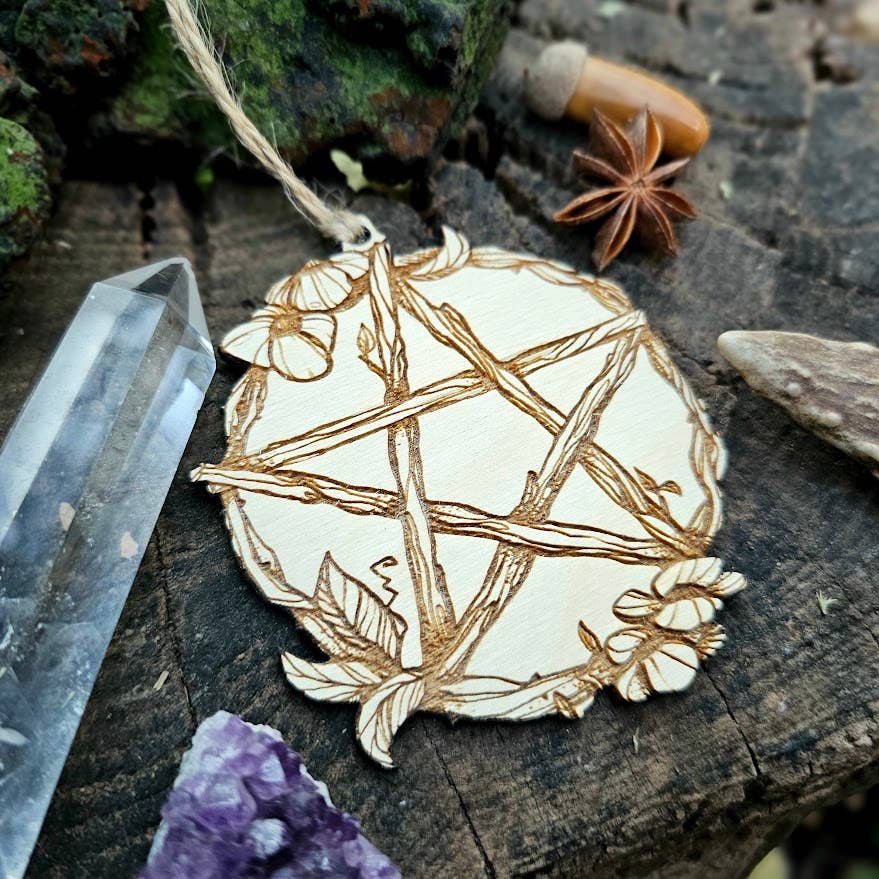 Twig Pentacle Wooden Ornament, Protection Charm Witchy Gift: Dark Walnut stain